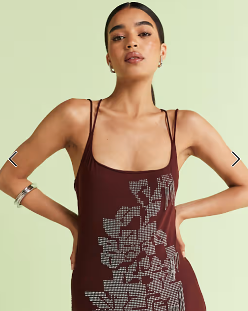ASOS DESIGN square neck artwork floral hotfix maxi dress with fringe embellishment in chocolate