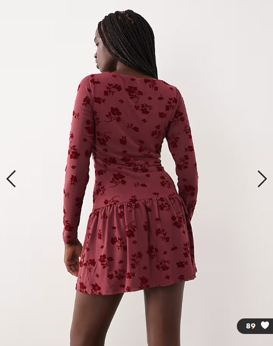 ASOS DESIGN floral flocked dropped hem mesh mini dress in burgundy