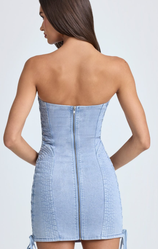 OhPolly- Bandeau Lace-Up Mini Dress in Light Blue Stonewash