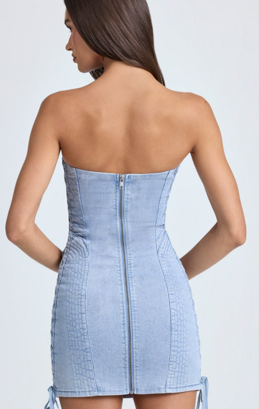 OhPolly- Bandeau Lace-Up Mini Dress in Light Blue Stonewash