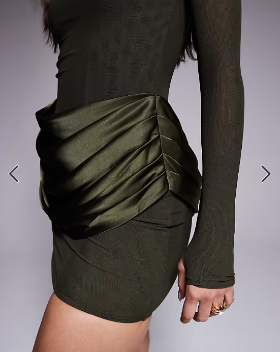 Wanderdoll Storm sculpting shoulder pad detail satin drape waist mini dress in forest green