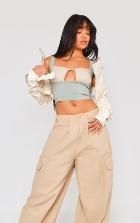 Light Khaki Stretch Woven Cut Out Contrast Bust Crop Top
