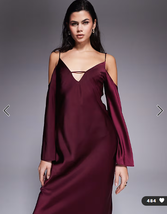 ASOS DESIGN satin long sleeve fallen shoulder cami midi dress in plum
