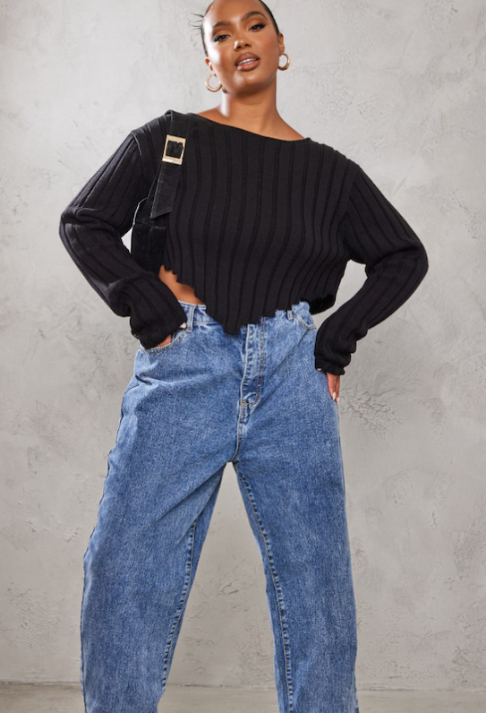 Plus Black Chunky Knit Long Sleeve Dip Hem Crop Top