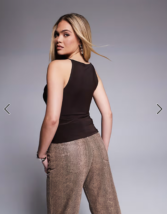 ASOS DESIGN double layered 90s boat neck strappy top in chocolate