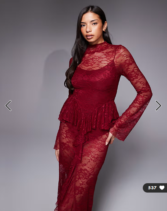 ASOS DESIGN high neck sheer lace maxi dress with peplum detailing and body suit lining in raspberry