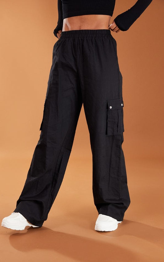 BLACK WIDE LEG HIGH WAISTED CARGO TROUSERS