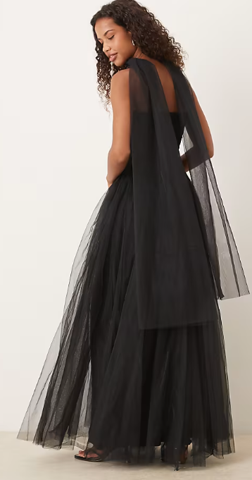 Asos - Lace & Beads strapless drop hem corset maxi with neck scarf in black