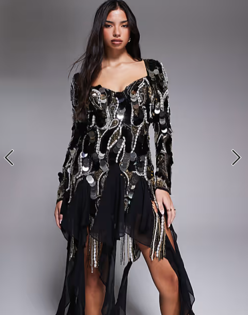 ASOS LUXE embellished chiffon trim mini dress in black
