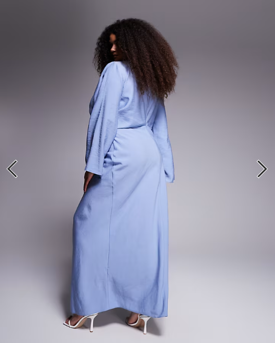 ASOS DESIGN Curve long sleeve tucked waist bias satin maxi dress in stonewash blue