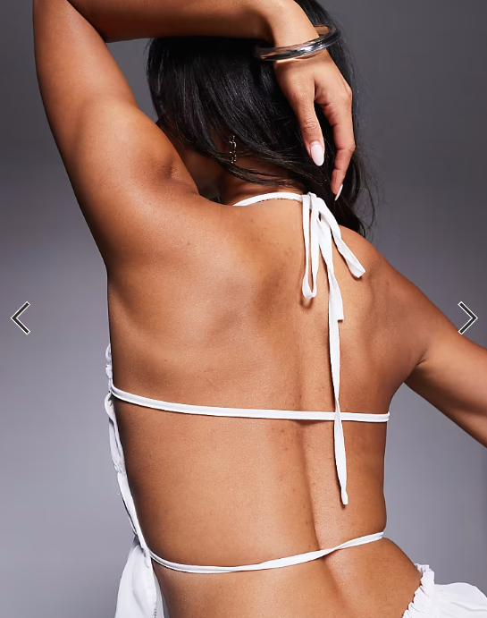 Missyempire ruched ruffle detail halterneck open back top co-ord in white