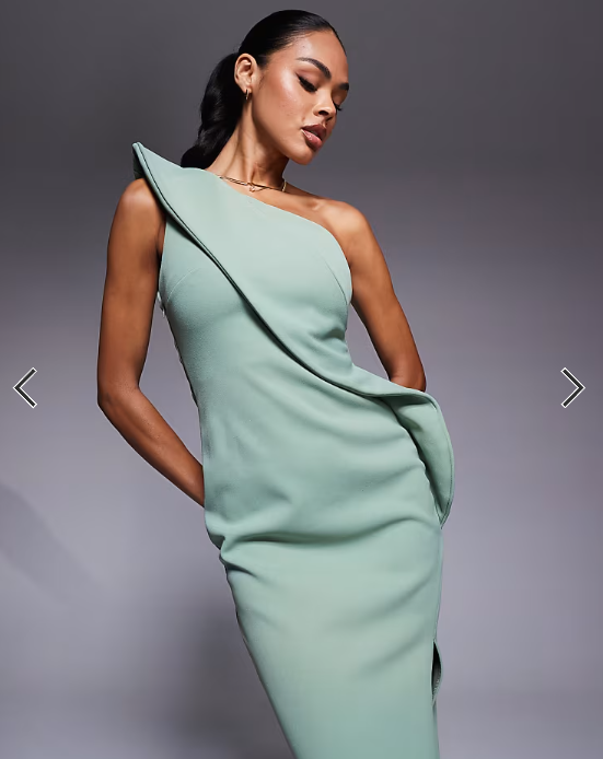 ASOS DESIGN Premium maxi dress with exaggerated sharp neckline in sage green scuba-style fabric
