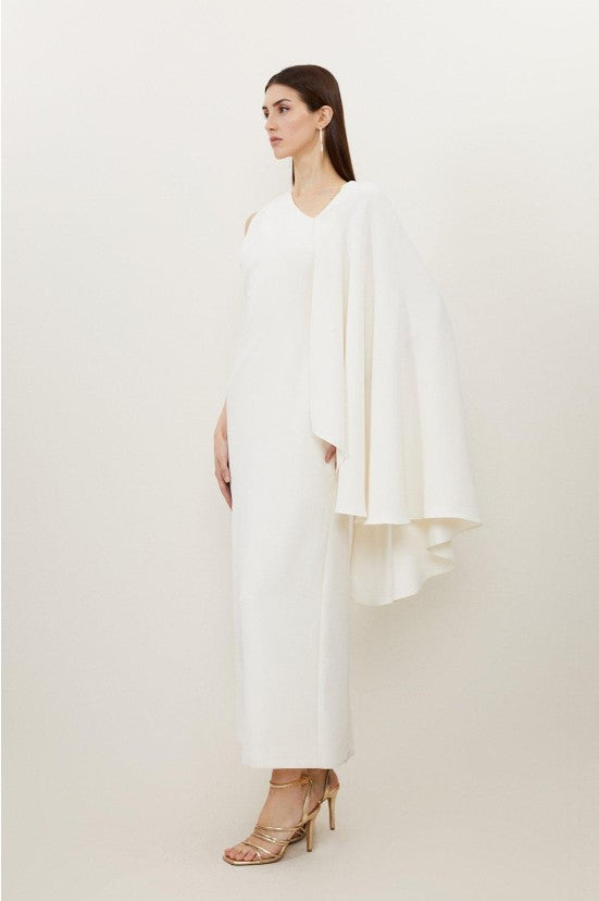 Ivory Fluid Tailored Asymmetric One Shoulder Drape Maxi Dress