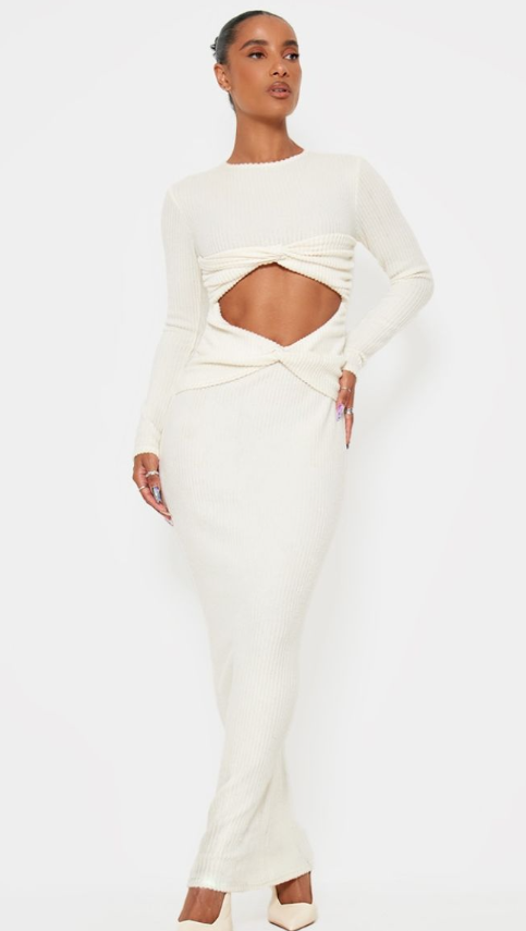 Cream Brushed Rib Cut Out Detail Maxi Dress