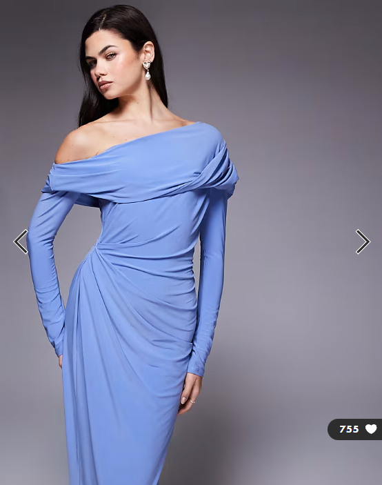 ASOS DESIGN slinky long sleeve fallen shoulder maxi dress with drape detail in light blue