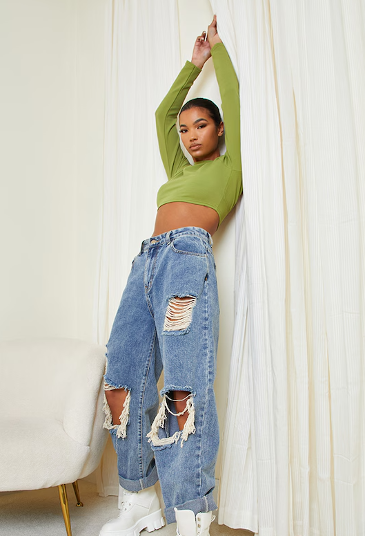 Green Crepe Backless Long Sleeve Crop Top