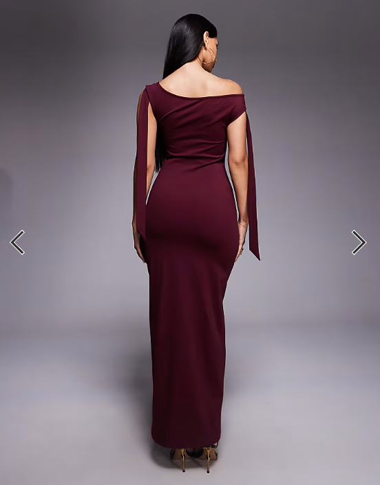The Frolic exclusive slinky asymmetric shoulder tie detail bodycon maxi dress in burgundy