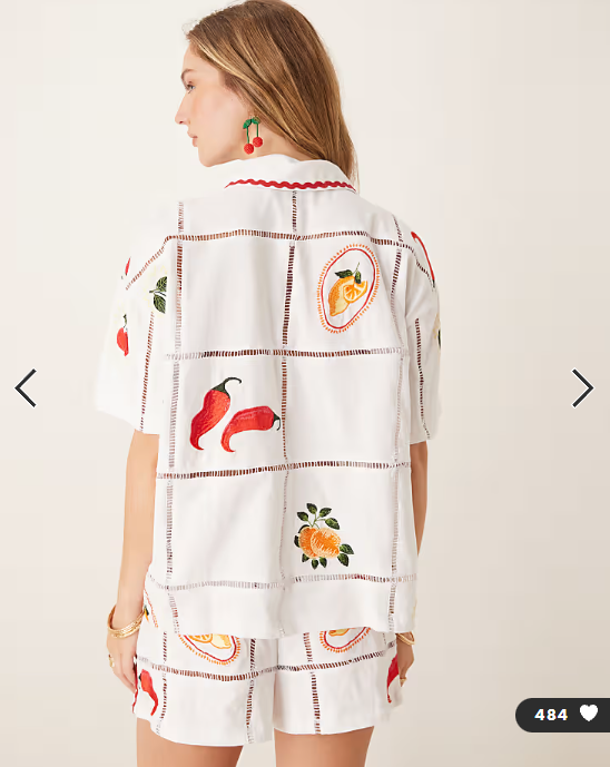 ASOS DESIGN ricrac shirt co-ord with summer embroidery