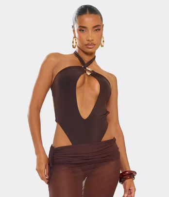 Ego - Keyhole Cut Out Trim Detail High Leg Swimsuit In Brown