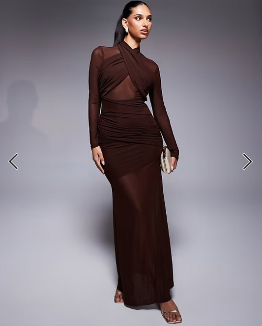 Bardot Veria wrap mesh maxi dress in chocolate