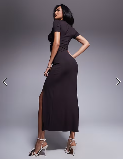 ASOS DESIGN high neck maxi dress with short sleeves and high split in chocolate