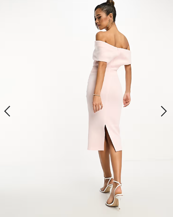 ASOS DESIGN off shoulder cut out midi dress with asymmetric hem in rosewater pink
