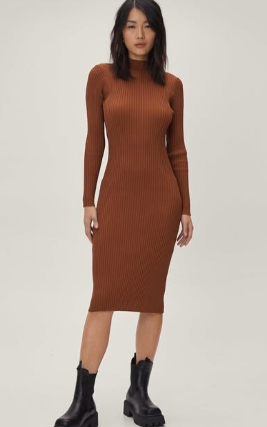 Nasty Gal Womens Knitted Ribbed High Neck Long Sleeve Midi Dress