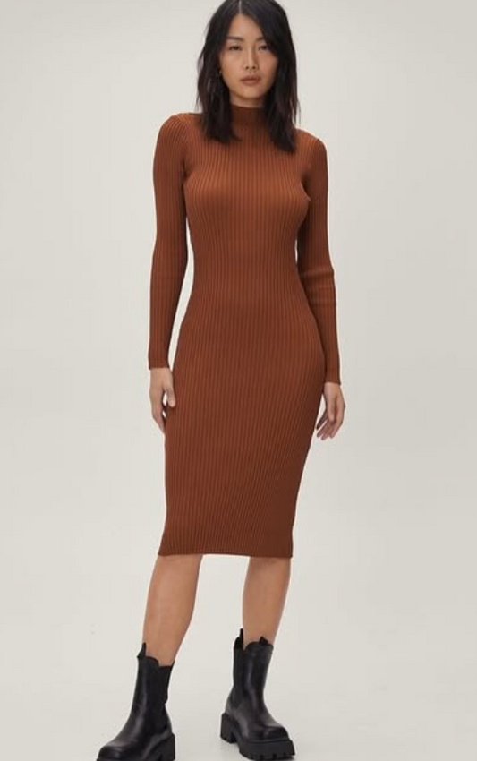 Nasty Gal Womens Knitted Ribbed High Neck Long Sleeve Midi Dress