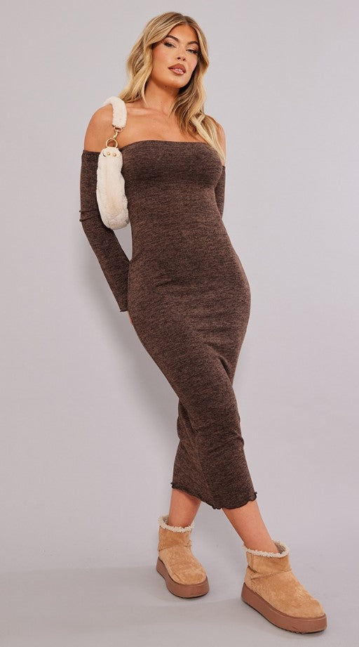 Chocolate Brushed Jersey Bardot Midaxi Dress