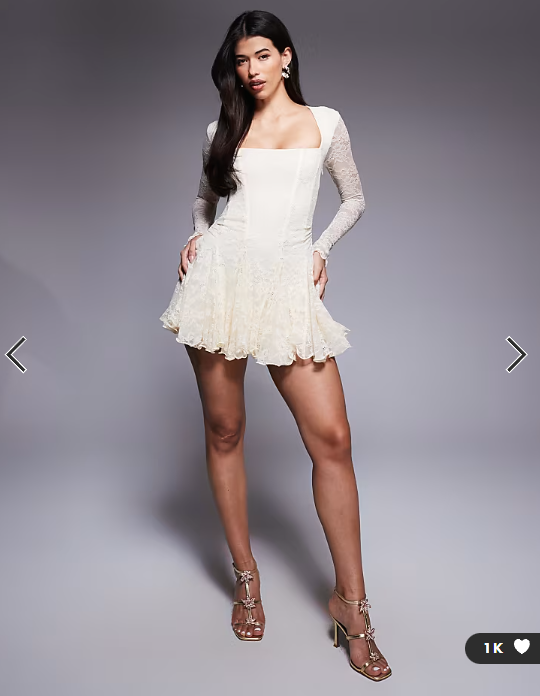 Murci square neck long sleeve gathered ruffle hem lace mini dress in cream