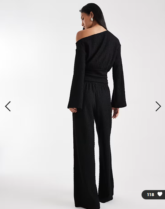 ASOS DESIGN mix & match textured tie waist wide leg trousers in black
