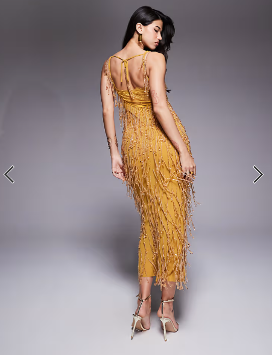 ASOS DESIGN embellished midi dress with sheer lace lining in mustard
