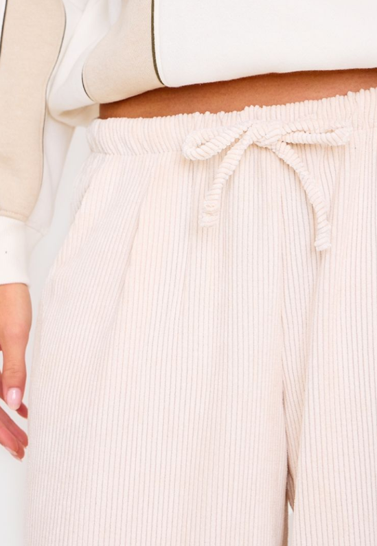 Cream Cord Low Rise Drawstring Wide Leg Trousers