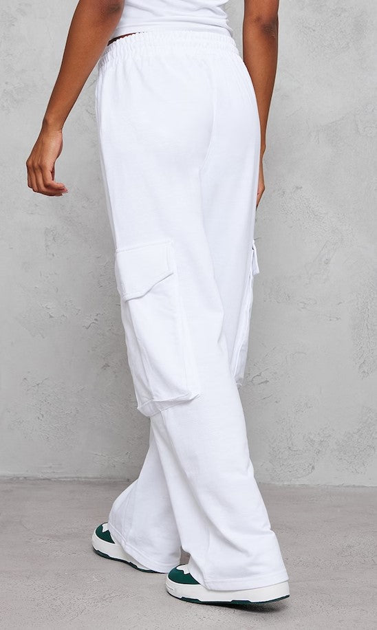 White Pocket Detail Low Rise Wide Leg Sweatpants