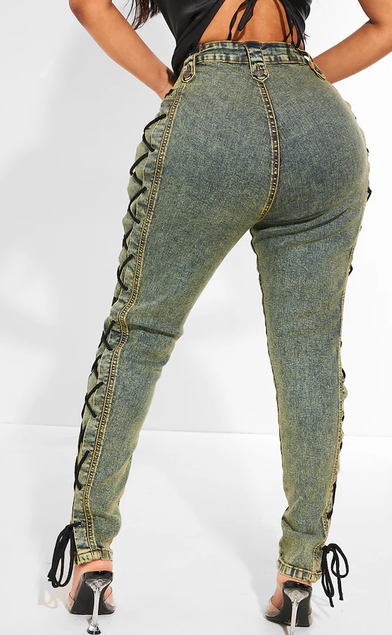 Shape Green Washed Denim Lace Up Skinny Jeans