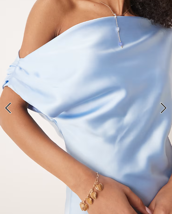 ASOS DESIGN satin drape off shoulder mini dress in light blue