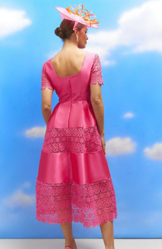 Lisa Tan Square Neck Lace Insert Twill Midi Dress