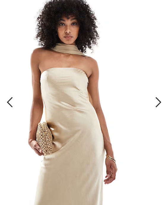 Six Stories Bridesmaid satin maxi dress with chiffon neck scarf in soft gold
