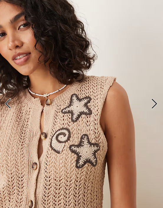 ASOS DESIGN knitted waistcoat co-ord with crochet shells in brown