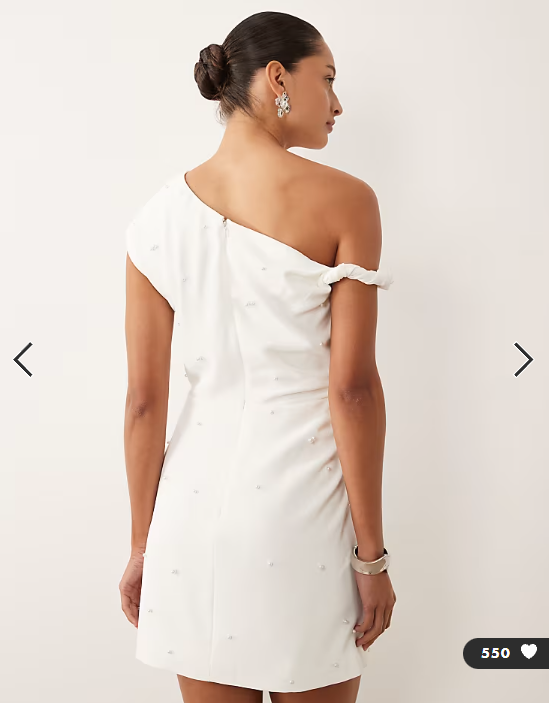 Six Stories Bridal fallen shoulder pearl detail mini dress in white