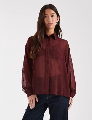 ASOS DESIGN sheer dobby detail shirt in burgundy