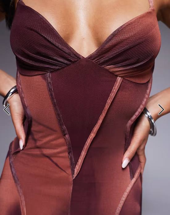 ASOS DESIGN printed mesh maxi dress with exposed seam detail in brown blurred floral print