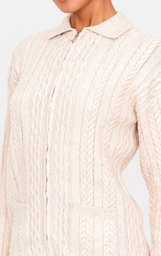 Plt - Oatmeal Cable Knit Collar Detail Zip Up Cardigan