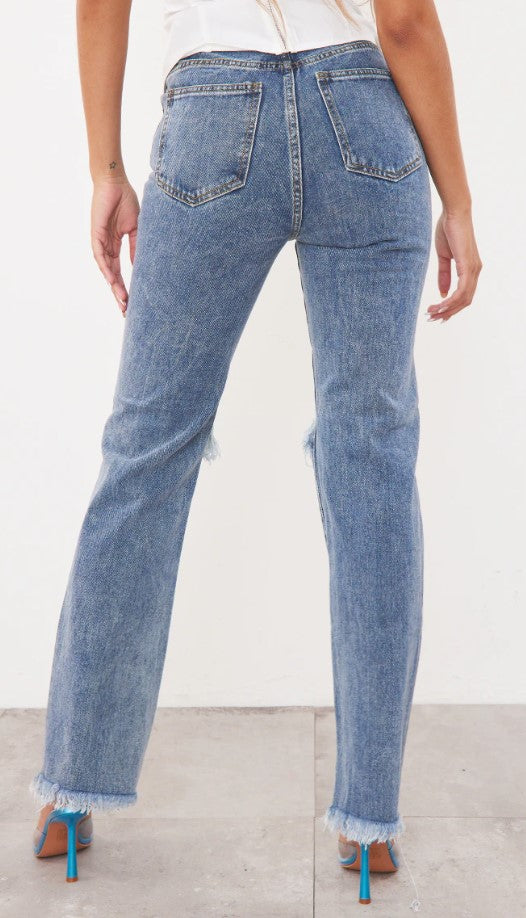 Vintage Wash High Rise Ripped Straight leg Jeans