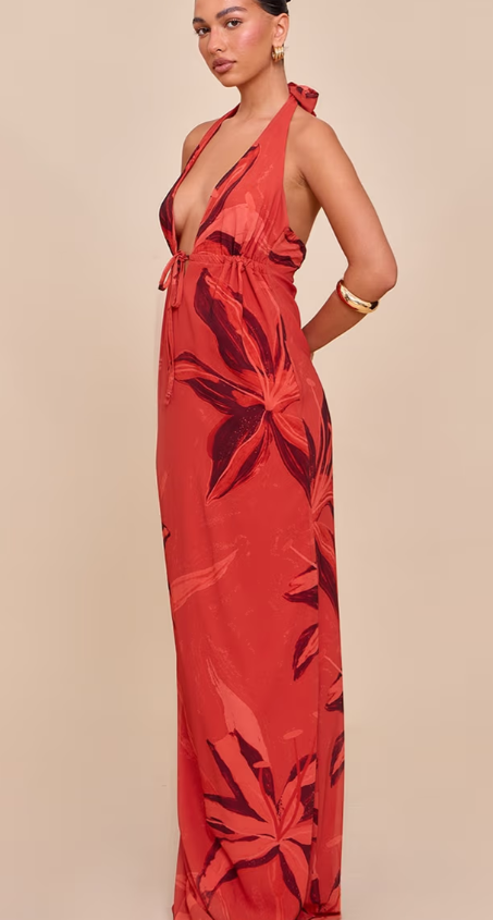 Plt - Rust Printed Plunge Tie Detail Maxi Dress