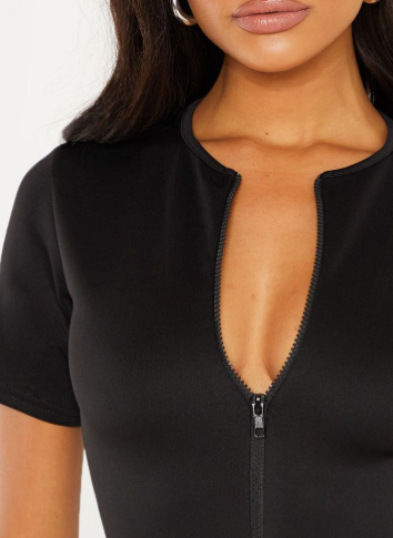 Black Neoprene Zip Up Short Sleeve Bodysuit