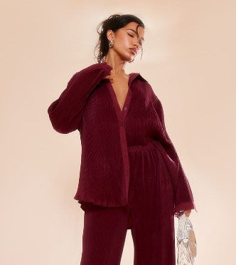 Oxblood Plisse Button Front Oversized Shirt