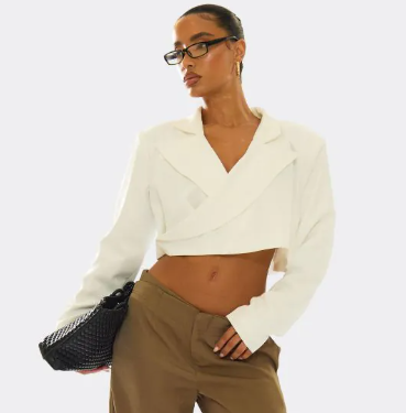 Long Sleeve Oversized Wrap Cropped Blazer In Cream