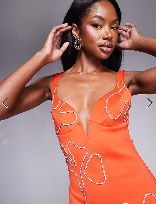 ASOS DESIGN sweetheart neckline pencil midi dress with flower chain embellishment in orange in scuba-style fabric