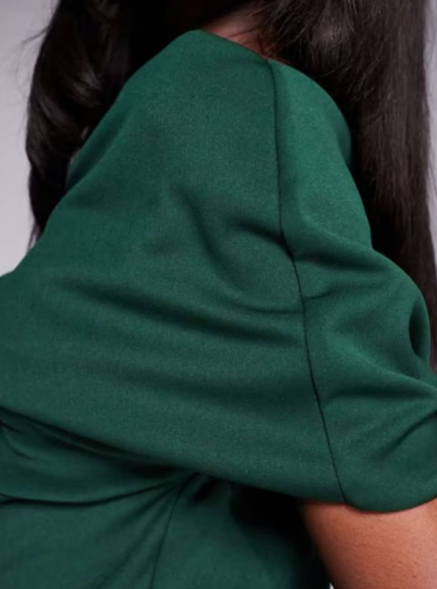 ASOS DESIGN structured mini dress with fallen shoulder in forest green in scuba-style fabric